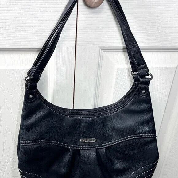 Black MultiSac Shoulder Bag Faux Leather Older Purse 3 Pockets 13" x 18 From Top - Picture 5 of 5